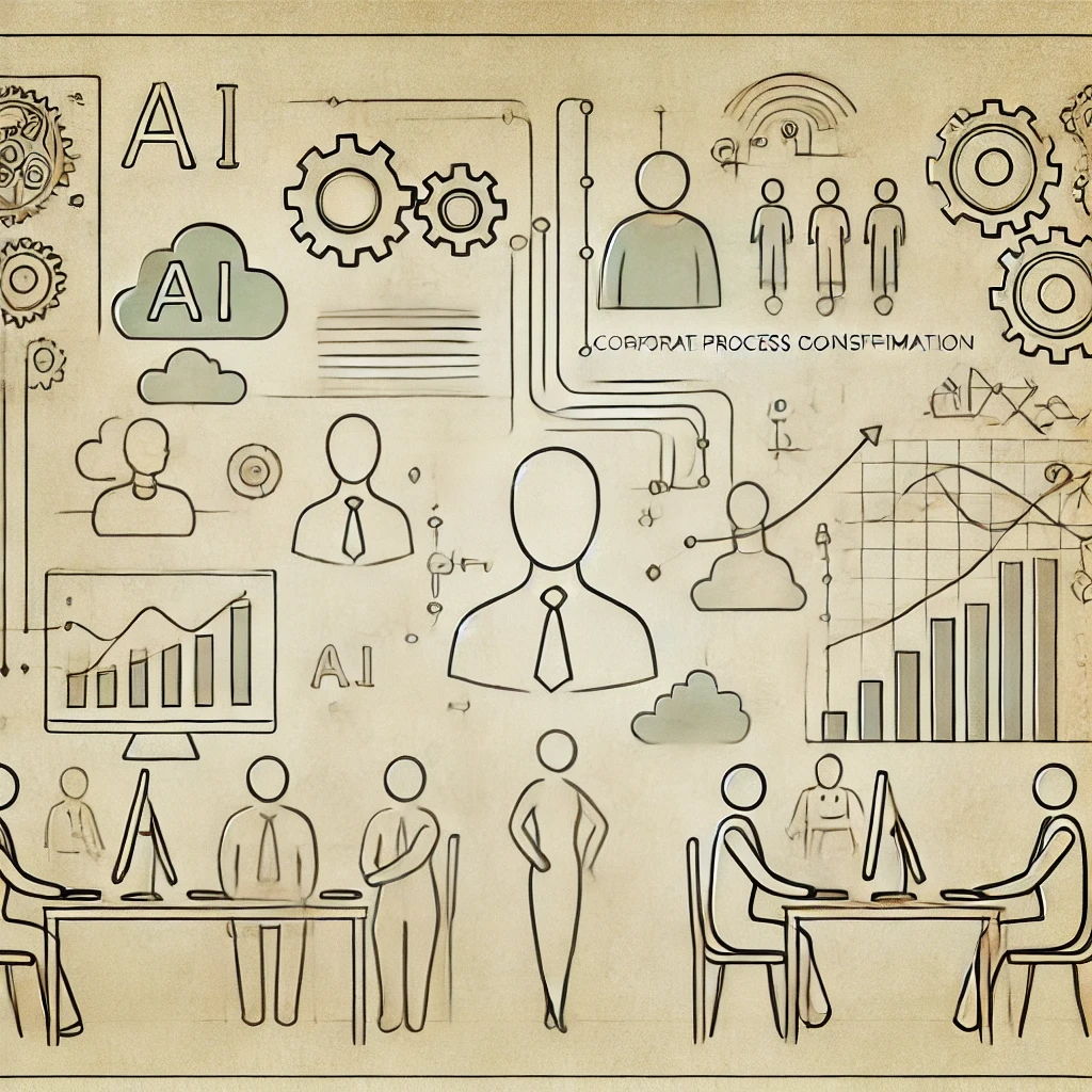 DALL·E 2024-09-27 21.34.41 - A line drawing in stick figure style using a muted Morandi color palette, representing corporate process optimization and digital transformation. The